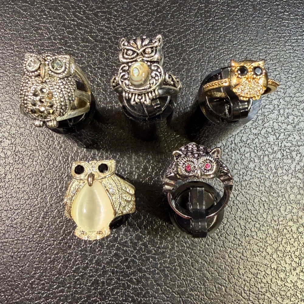 Vintage Style Owl Ring Lot Abalone Cats Eye Marcasite Pink Crystal Eyes 5pc Set